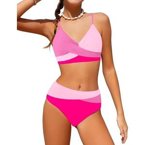 WIQI Girls Swimsuit Bikini Set 2 Piece Bathing Suits Color Block Criss Cross Swimwear Size 11-12Y