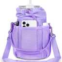 ECOHUB Water Bottle Holder with Strap, Full Coverage Stanley Cup 40/30 oz Tumbler, Insulated Water Bottle Carrier Bag with Back Safety Pocket, Crossbody Sling with Handle for Walking, Patent Pending (purple)