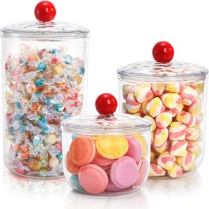 3 Pack Clear Candy Jar, Airtight Plastic Cookie Jars with Lids in 3 Sizes, Wide Mouth Food Storage Apothecary Container for Office Desk, Kitchen, Counter, 70 Oz, 45 Oz, 27 Oz