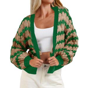 Saodimallsu Womens Cropped Cardigan Striped Open Front Long Lantern Sleeve Color Block Loose Chunky Knit Sweater Coat (Green)