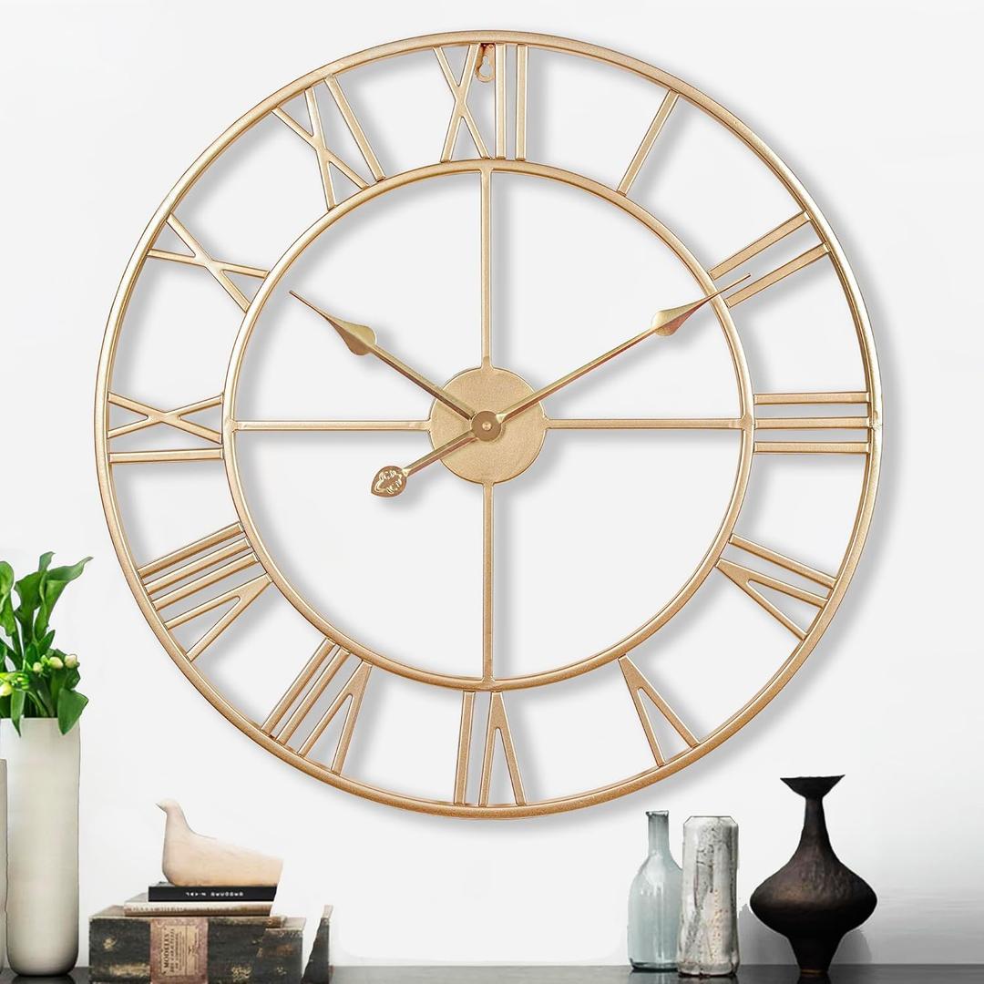CLXEAST Champagne Gold Metal Wall Clock, Large Roman Numeral 24 Inch Wall Clocks for Living Room Decor,House Warming Gifts New Home,Gifts for Women