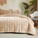 Luxury Soft Velvet Quilt Set Full Queen Size - Lightweight Velvet Bedding Set for All Season, Oversized Bedspread Coverlet Comforter Set with 2 Pillow Shams, Beige Brown, Checkered