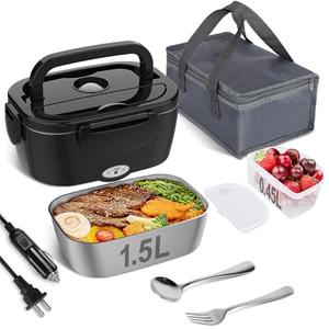 Vabaso Electric Lunch Box for Adults, 80W Heated LunchBox Portable Food Warmer Lunch Box for Work/Men/Car/Truck with 1.5L 304 Stainless Steel Container Fork & Spoon, 110V/12V/24V