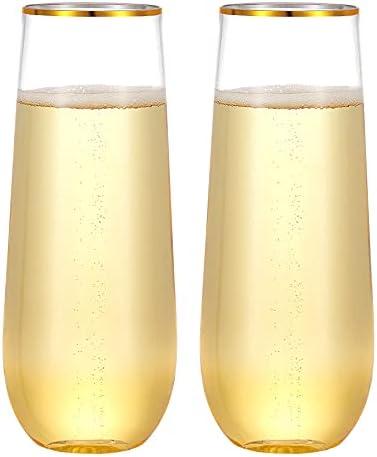 N9R 24PCS Plastic Champagne Flutes, 9 Oz Stemless Disposable Gold Rim Toasting Glasses, Crystal Clear Cocktail Cups Drinkware Shatterproof Ideal for Party Wedding Birthday