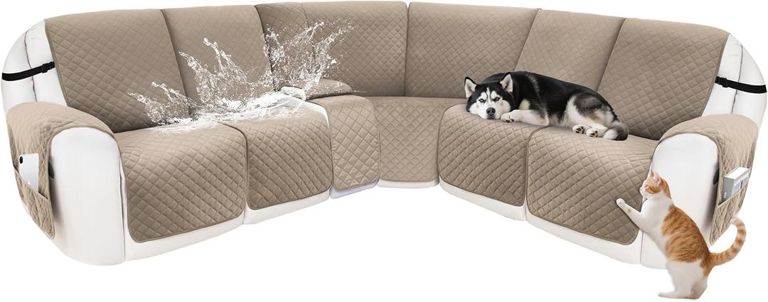 Reclining Sectional Couch Covers 100% Waterproof Velvet L Shape Recliner Sofa Cover for Dogs Pets Washable Anti Slip Recliner Slipcovers with Pockets (5 Seat Sofa with 1 Console, Khaki)