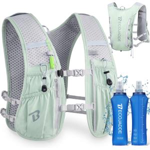 BECOJADDE Running Vest Hydration Backpack with Two 500ML Soft Water Bottles for Men Women, 5L Lightweight Running Pack Hydration for Marathon, Trail, Cycling, Hiking, Jogging Green