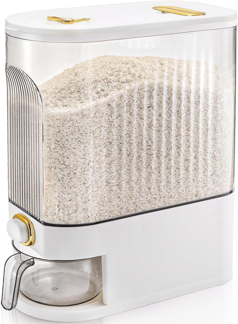 Clear Rice Holder Dispenser, 22 Lbs Large Grain Storage Container with Measuring Cup, Cylinder Household Food Dispenser Bucket Kitchen Organization for Cereal Oatmeal Coffee Bean Soybean Corn