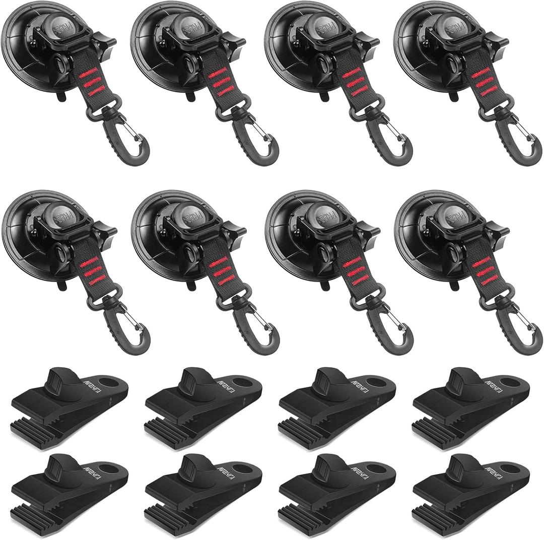 Vashly Heavy Duty Suction Cup 8Pcs Strong Suction Cups with Hooks and 8Pcs Tarp Clips Deavy Duty Lock Grip for Car Awning Boat Camping Trap Tie Down