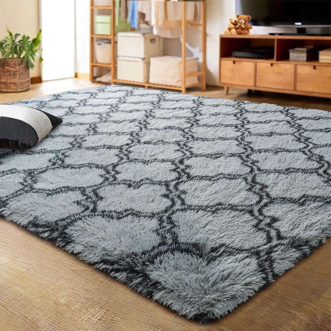 OCHAS Luxury Shag Area Rug Runner Modern Indoor Plush Fluffy Rugs, Extra Soft and Comfy Carpet, Geometric Moroccan Rugs for Bedroom Living Room Girls Kids Nursery, 8x10 Feet Grey/ Black