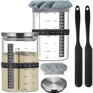 Wissy&Konny Sourdough Starter Jar,2PACK 35OZ Wide Mouth with Ounce Scale line,Date Marked Feeding Band, Thermometer, Sourdough Jar Scraper, Cloth Cover & Stainless Steel Lid Sourdough Starter Kit