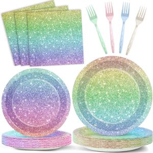 Rainbow Birthday Party Plates, Napkins, Forks Rainbow Glitter Tableware Set Happy Birthday Dinnerware, Colorful Unicorn Glitter Supply for Kids, Girls Women Princess Wedding Parties Decorations, Serve 24