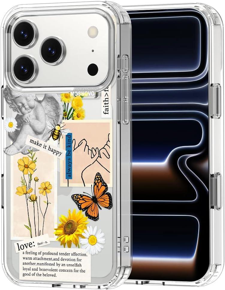 MOSNOVO for iPhone 17 Pro Case | Military Grade 6.6ft Drop Tested | Camera Control | Clear with Vintage Collage Art Design