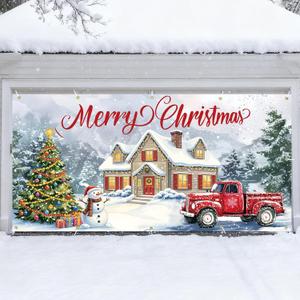 Large Christmas Garage Door Cover 7x16 ft, Festive Holiday Garage Door Banner with Red Truck & Snowman, Outdoor Merry Christmas Backdrop for Home, Church, Party, Wall Decorations