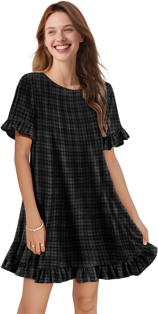 YESNO Summer Dresses for Women 2025 Floral Boho Ruffle Short Sleeve Sundresses Casual Shift Dress ESA (Black, S)