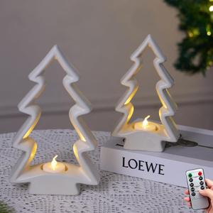 2 Pcs White Ceramic Christmas Tree with LED Tea Lights & Remote Control, Farmhouse Tabletop Christmas Decorations Indoor for Mantle, Fireplace, Shelf Winter Holiday Home Decor (9.5" H & 7.5" H)