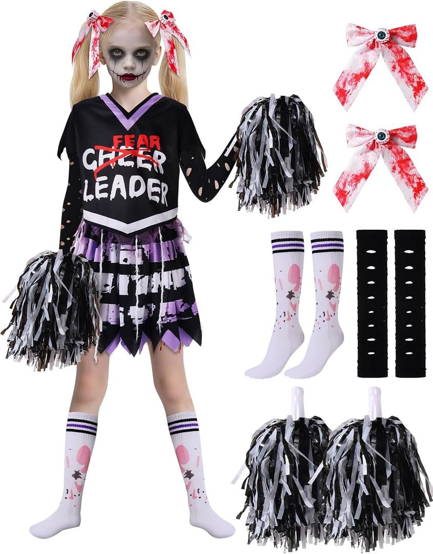 Dead Cheerleader Costume for Girls, Scary Bloody Kids Halloween Costumes for Halloween Dress Up Parties (Medium(8-10), Purple)
