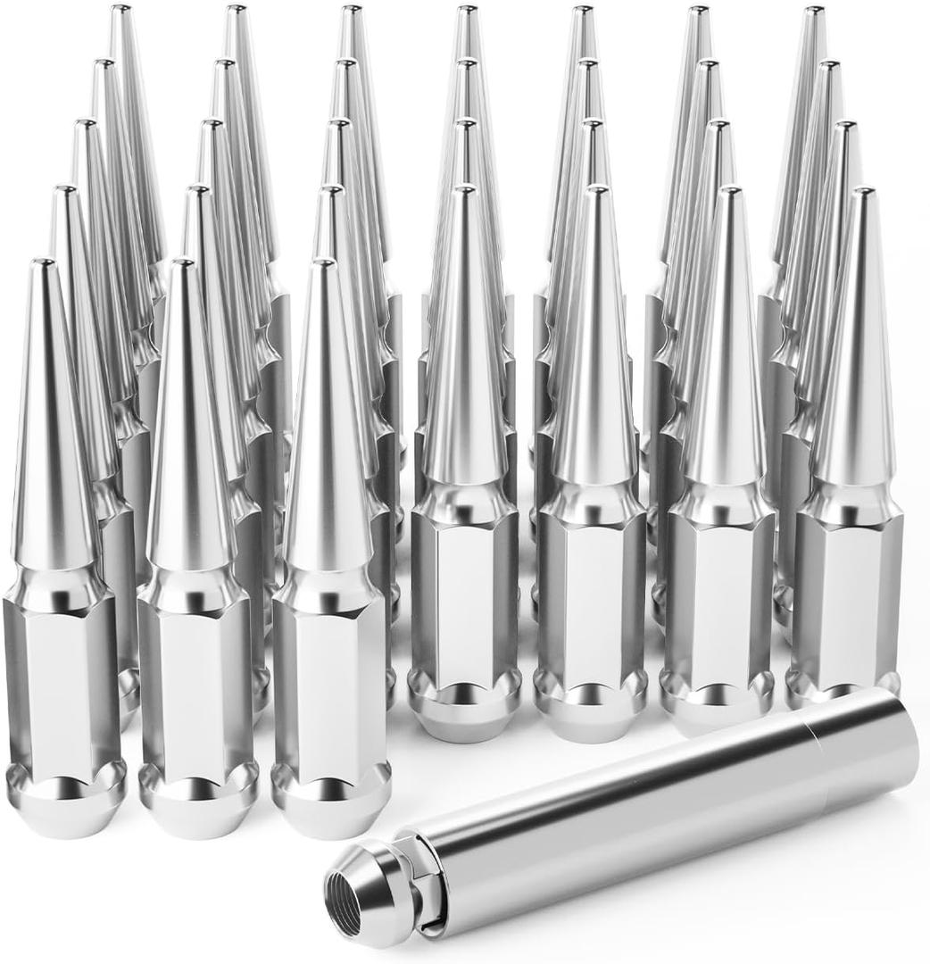 Orion Motor Tech M14x1.5 Spike Lug Nuts, 14mmx1.5 Wheel Lug Nuts Compatible with Chevy Silverado Express, Ram 2500 3500, Ford F250 F350, GMC Sierra Yukon Savana, Spike Lug Nut Set, Set of 32, Chrome