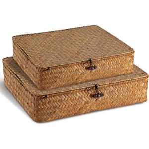 2 Pack 2 Size Seagrass Storage Bins with Lid,Boho Wicker Woven Organizer set, Decortive Rattan Basket Storage for Makeup Books Shelves Closet