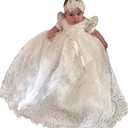 Pretty headband lace long Christening Baptism Dress for baby girl 0-3Mos