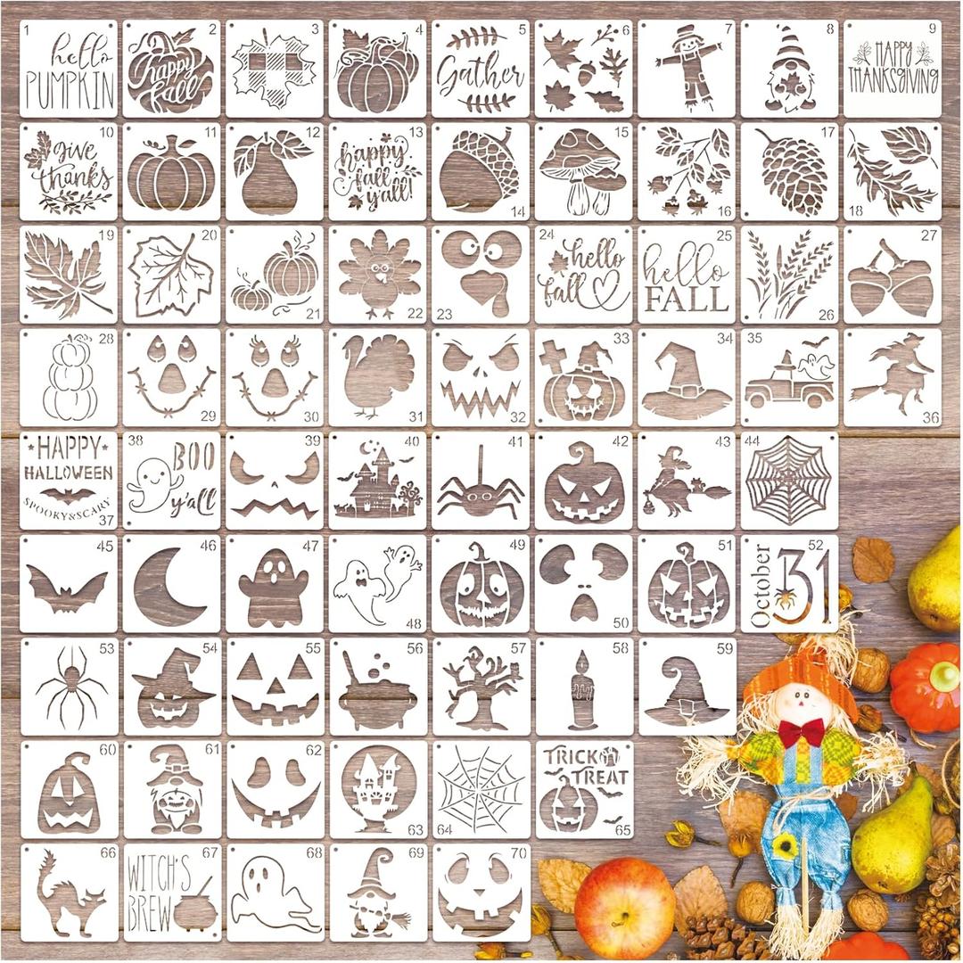 Small Fall Halloween Stencils for Painting on Wood Halloween Stencils for Crafts Reusable Burning Drawing Art Paint Patterns for Ornament Cookie Cake Window Canvas (fall70)