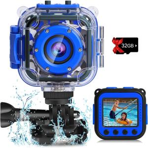 PROGRACE Pool Toy & Kids Underwater Camera - IP68 Waterproof Action Camera for Boys Ages 3-12, 1080P Video, 32GB Card, Mount for Bike & More, Birthday Gift for Diving, Swimming, Riding, Snorkeling (Blue)