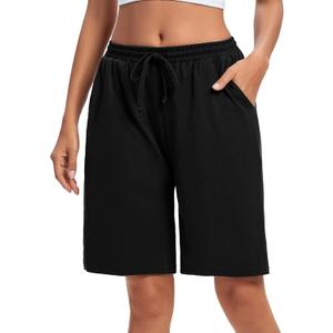 ASIMOON Womens Bermuda Shorts Lounge Athletic Shorts Loose Running Shorts Casual Long Yoga Shorts with Pockets (Large, Knee Length-black)