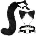 Cat Ears and Wolf Fox Animal Tail Cosplay Costume Faux Fur Hair Clip Headdress Halloween Leather Neck Chocker Set (3-black)