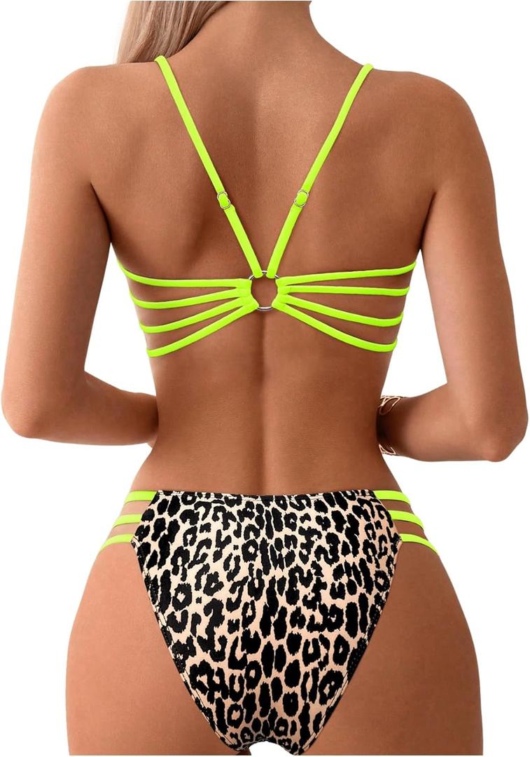 SweatyRocks Women's Bikini Sets Leopard Print Backless Cut Out Two Piece Bathing Suit Swimwear (Brown, M)