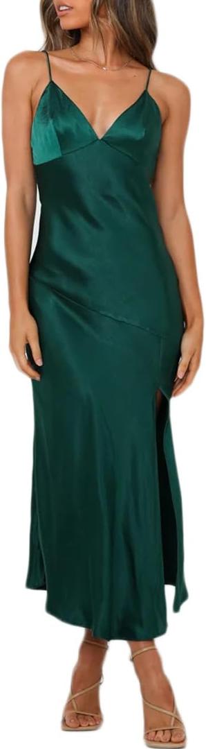 Summer Satin V Neck Silp Midi Dress for Women Wedding Guest 2025 Sexy Spaghetti Strap Backless Long Dresses with Slit (Emeralds, XS)