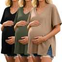 Ficerd 3 Pack Maternity Shirts Cotton V Neck Mama Tee Dolman Sleeve Side Split Pregnancy Clothes Summer Oversized Tops (Small, Khaki, Army Green, Black)