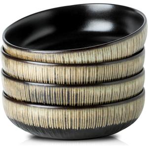 KOOV Ceramic Bowl, 46 OZ Pasta Bowls Set of 4, Large Salad Bowl Set, Large Bowl For Eating, Dinner Bowls, Stackable Serving Bowls, Stripe Series (Rough Black)