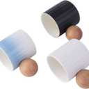 2 x Ceramic Espresso Cups Set of 2, 2 oz Mini Espresso Cups, Round Wooden Handle Stripes Demitasse Cups for Tea or Coffee (2, Black)