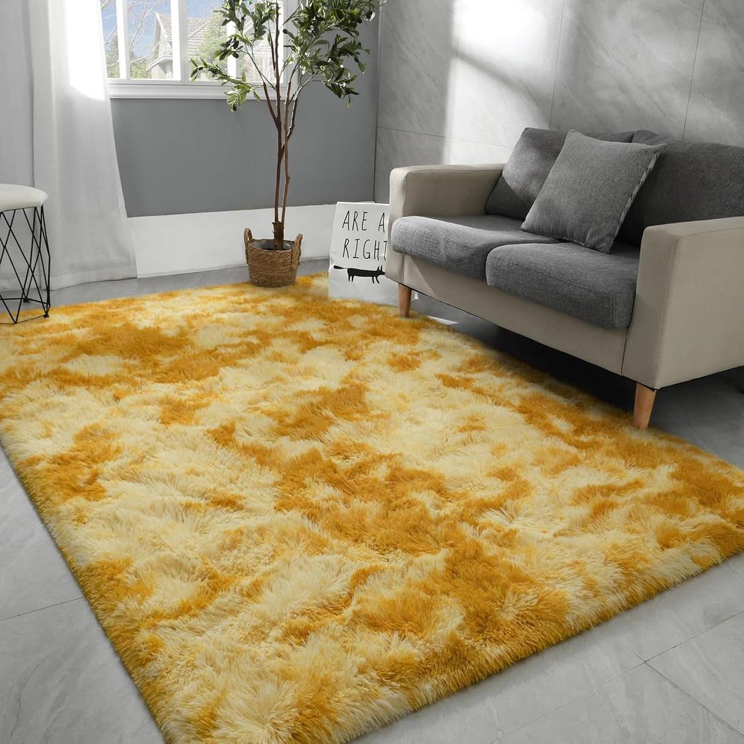 Hutha 4x6 Large Area Rugs for Living Room, Super Soft Fluffy Modern Bedroom Rug, Tie-Dyed Orange Yellow Indoor Shag Fuzzy Carpets for Girls Kids Nursery Room Home Decor