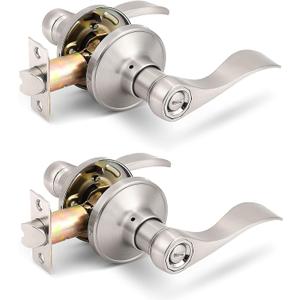 Gobrico 2 Pack Satin Nickel Privacy Bed and Bath Door Levers, Interior Keyless Door Handles, Wave/Drop Style Knobs for Left/Right-Handed Doors