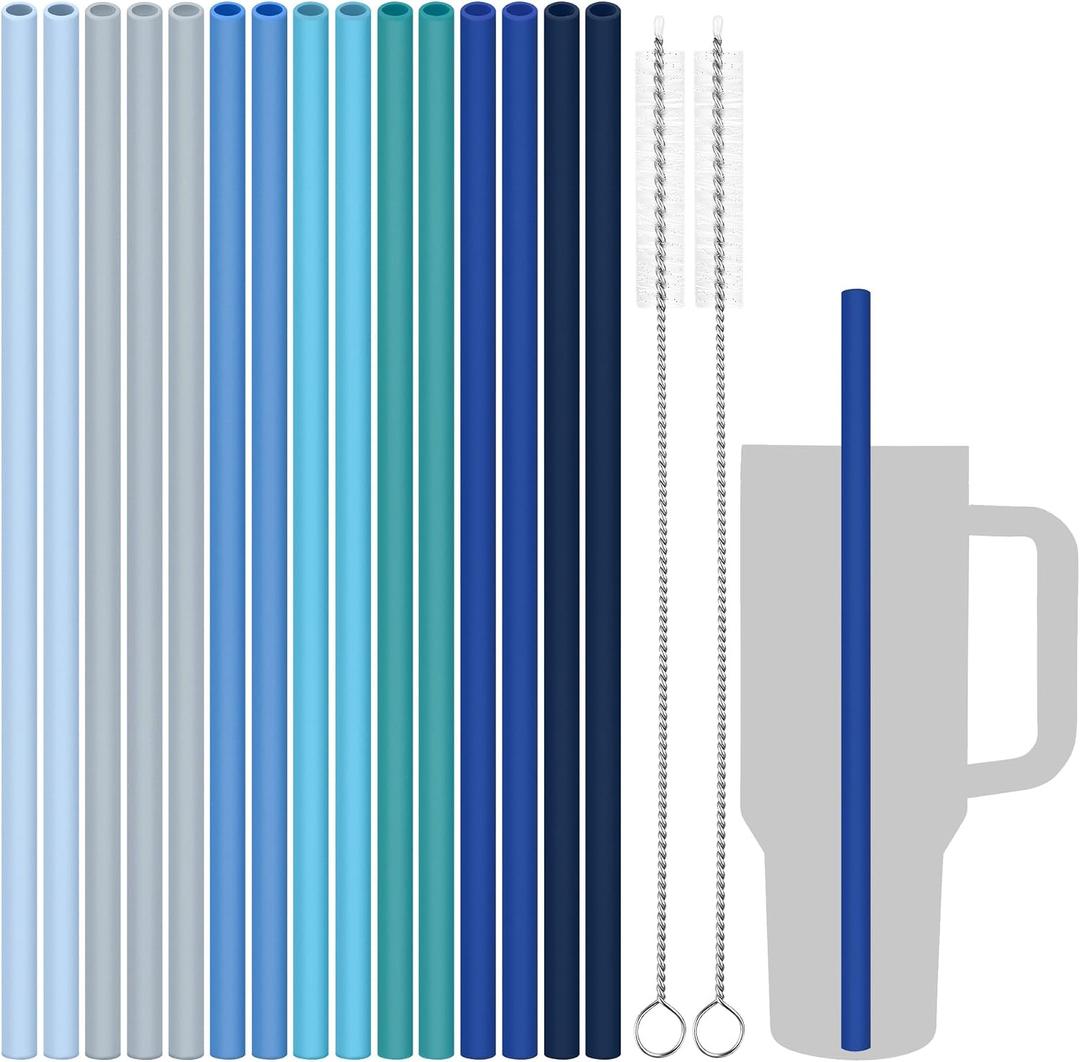 Tomorotec 15-Pack 12" Reusable Silicone Drinking Straws Fit for Stanley Tumblers 20, 30, 40 oz with 2 Cleaning Brushes, BPA-Free Food-Grade Vibrant Colors Flexible Straws for Family Use (Sea Colors)