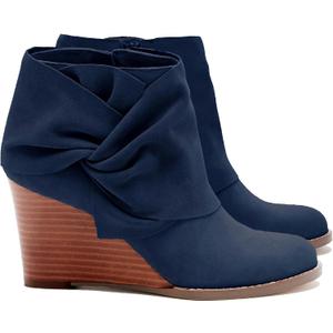 Fashare Womens Wedge Booties Ankle Heels Boots Bow Knot Stacked Heeled Winter Dress Shoes (7, Navy)