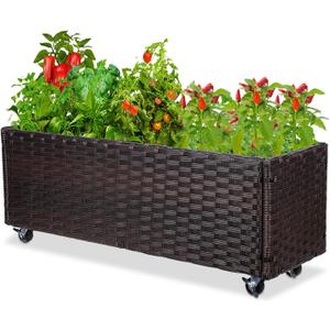 Raised Garden Bed - Garden Planters Box with Wheels, Rattan Patio Raised Beds for Gardening, Indoor Outdoor Planters 3.1FT Save Space
