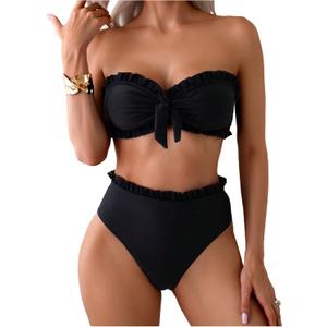 SweatyRocks Women's 2 Piece Bandeau Bikini Set High Waist Strapless Knot Front Swimsuit Ruffle Trim Bathing Suits (Large, Black)