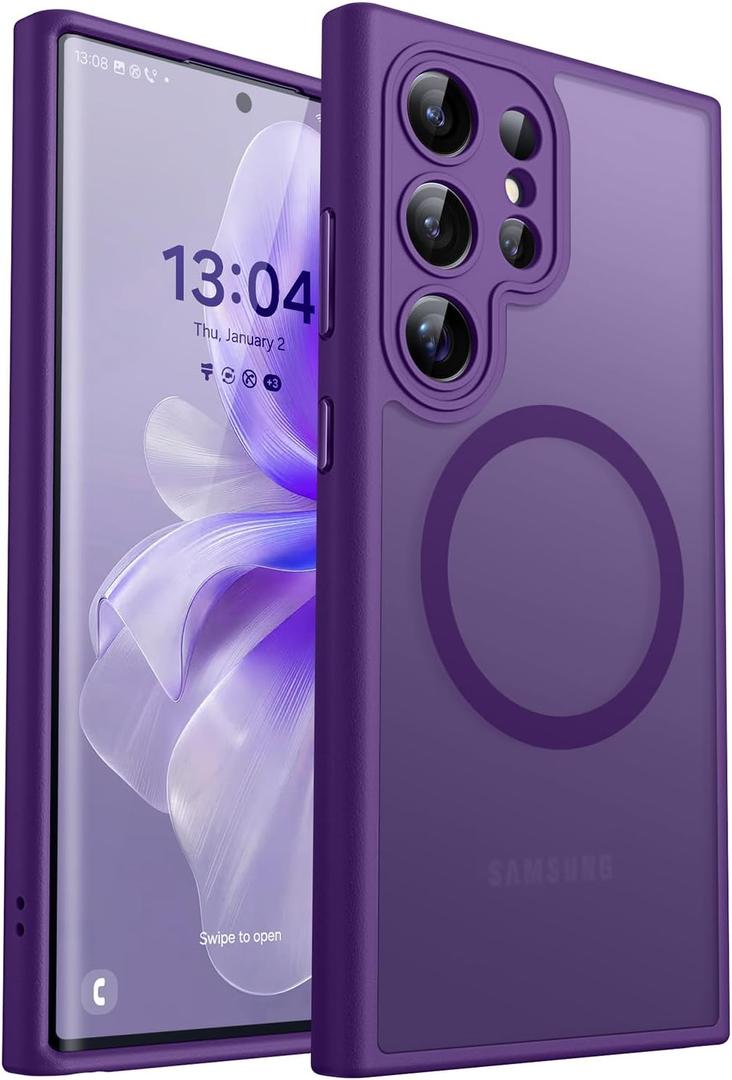 CANSHN Designed for Samsung Galaxy S22 Ultra Case [Full Camera Protection] [Compatible with MagSafe] Translucent Matte Shockproof Protective Phone Cover 6.8 Inch - Deep Purple