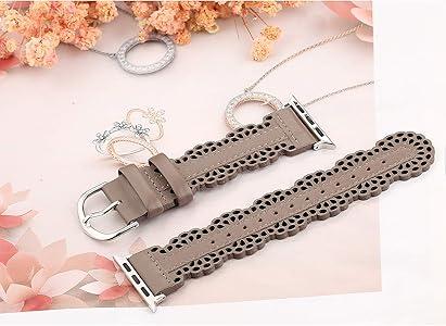 Compatible with Apple Watch Band Lace Women Flower Cut-outs Stretchy Silicone Strap for iWatch Ultra 1/2 (49mm), Series 9/8/7(41mm 45mm), Series SE/6/5/4(40mm 44mm), Series 3/2/1(38mm 42mm) Beige