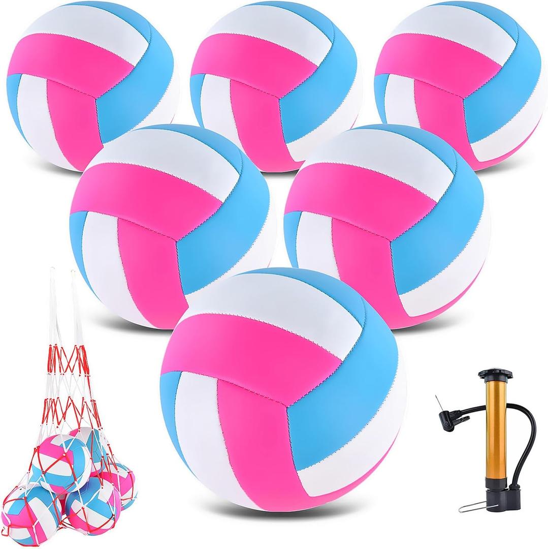6 Pack Volleyballs Official Size 5, Soft Bulk Recreational Volley Balls with Pump and Net Bag for Indoor Outdoor Beach Pool Water Sand Game Training Match for Beginner