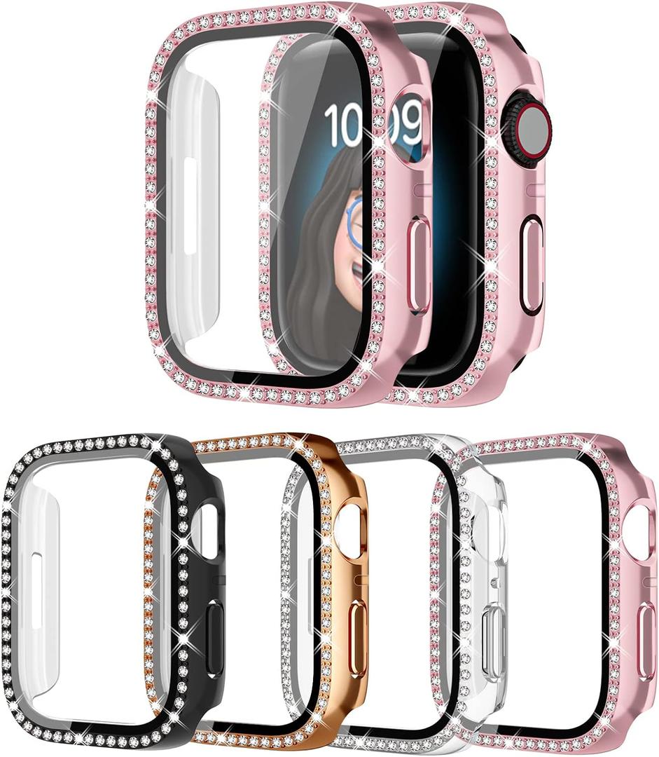 4 Pack Bling Case for Apple Watch SE 3/SE 2/SE/6/5/4 40mmm, Glitter Rhinestone Diamonds Protective Case with Tempered Glass Screen Protector Replacement Cover for iWatch 2025 (3nd Gen) SE 40mm Women (Black/Rose Gold/Pink/Clear)