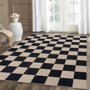 Lahome Checkered Easy Jute Area Rug, 5x7 Outdoor Patio Rug Washable Carpet for Living Room Checkerboard Indoor Outdoor Carpet, Farmhouse Geometric Non Slip Black Mat for Backyard Dining Room (4'11" x 6'11" (Rectangular))