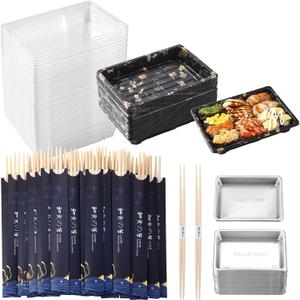Disposable Dinnerware Set for 50pcs Sushi Trays Containers with Lids 7.3x 5.1 Inch Disposable Sushi Take Out Boxes, 50 Pairs Japanese Bamboo Chopsticks, 100pcs Soy Sauce Dishes