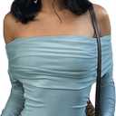 Xineicy Women's Off Shoulder Long Sleeve Tops Sexy Y2K Crop Top Going Out T-Shirt (Medium, A Blue)