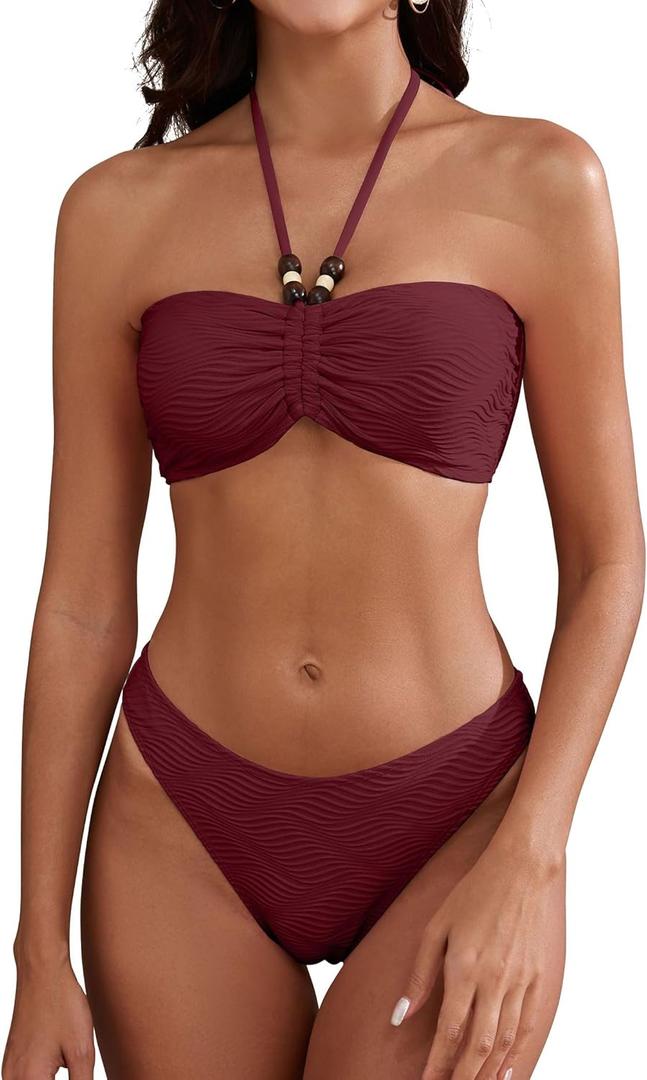 ZAFUL Women's Halter Bandeau Bikini Beaded Tie Back String Bikini Set Push Up Two Piece Swimsuit Bathing Suits (Medium, Red16)