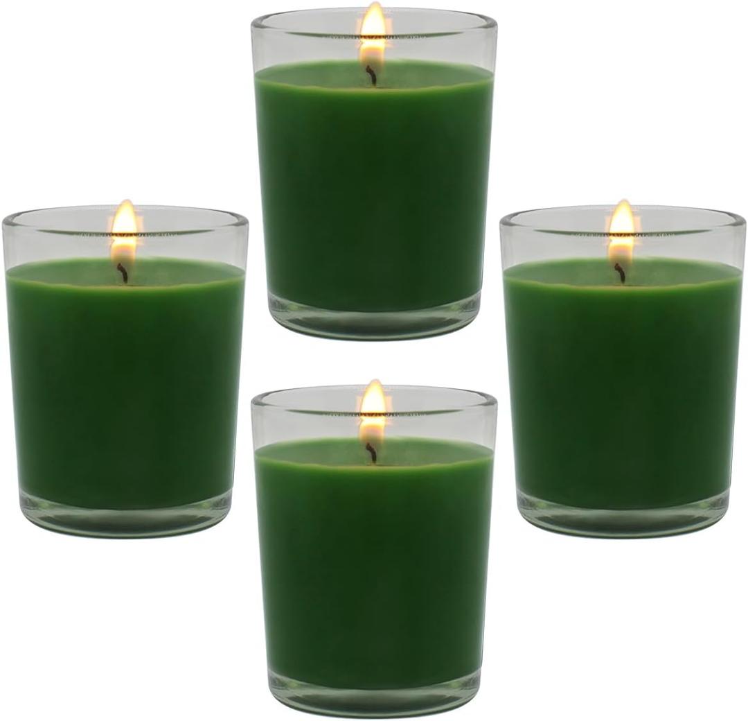 4 Packs Unscented Green Votive Candles in Glass, 2 Inch Natural Soy Wax Scentless Candles for St. Patrick's Day Wedding Party Home Holidays Relaxation Spa, 12-15 Hour Burning Time