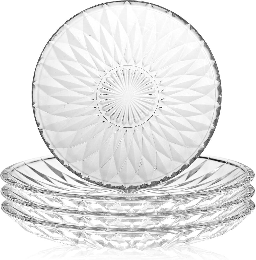 WHJY 6 Inch Clear Glass Plates 4 Pack Vintage Dinnerware Set Transparent Diamond Textured Dinner Plates for Home Party Wedding Crystal Glass Dishes for Fruit Salad Appetizer Dessert