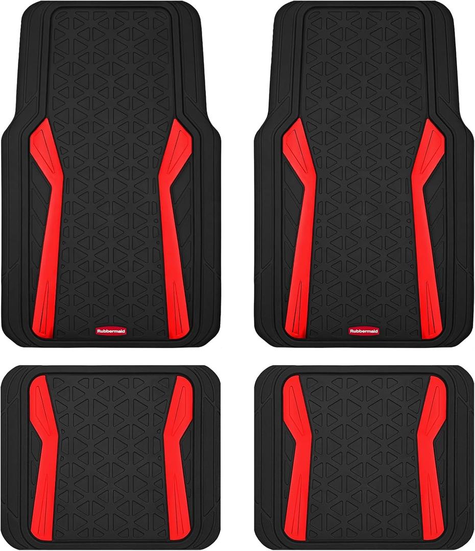Rubbermaid Car Floor Mats Full Set, Premium Heavy Duty All-Weather Car Mats Rugged Rubber with Brushed Aluminum Inserts, Universal Trim-to-Fit, Anti-Slip Backing for Cars, SUVs, Trucks & Vans - Red