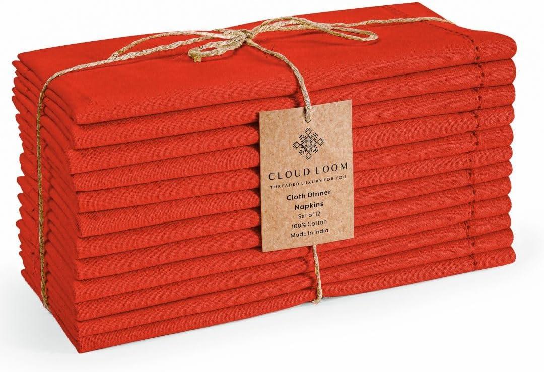 Set of 12 Hemstitch Dinner Napkins 100% Cotton - Soft Durable Reusable Table Napkins - Perfect for Dining Weddings Parties Holidays Christmas and Everyday Use - Cloth Napkins Orange